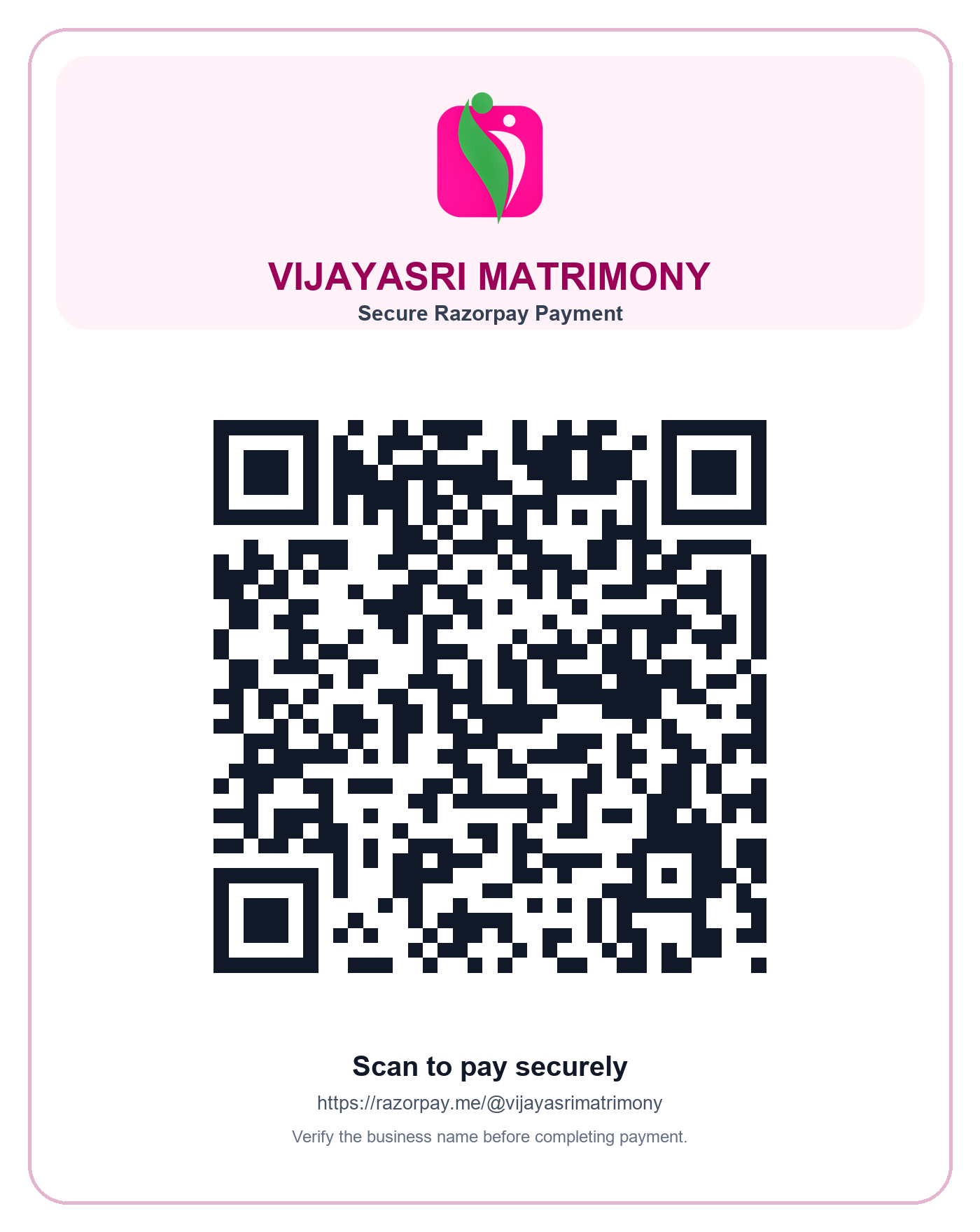 Vijayasri Matrimony Razorpay payment QR code